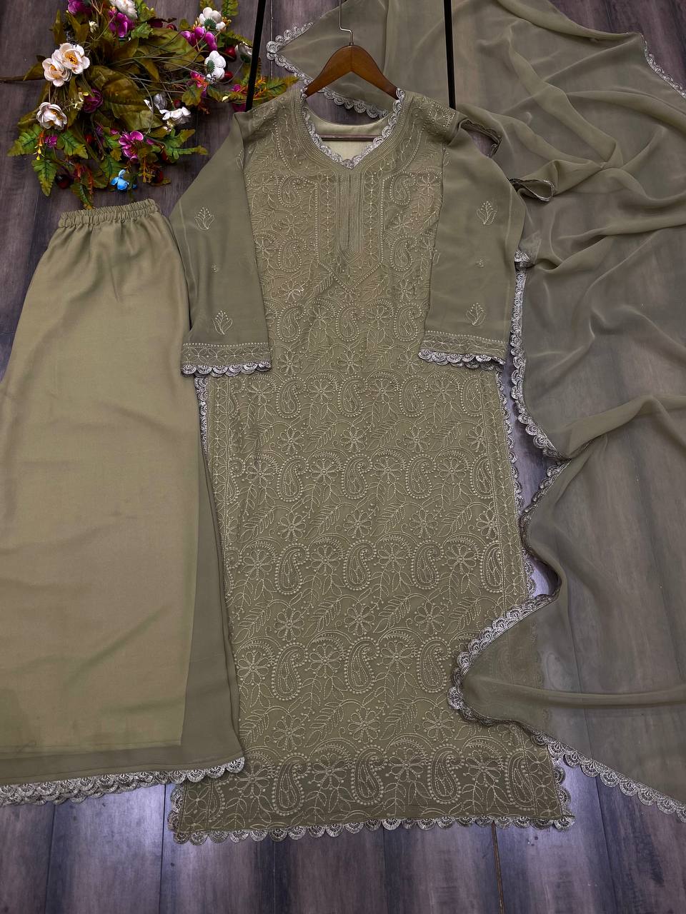 Thread Embroidery Work ChikanKari Long Kurti Set