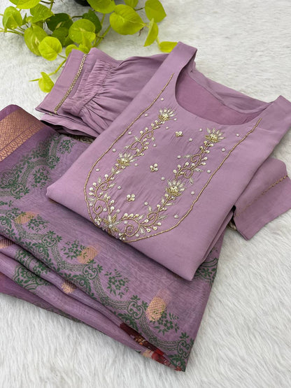 Trending Handwork Roman Silk Fabric Kurti Set