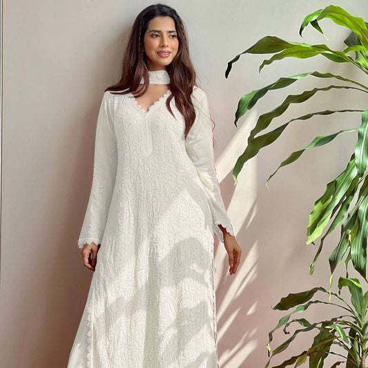 Thread Embroidery Work ChikanKari Long Kurti Set