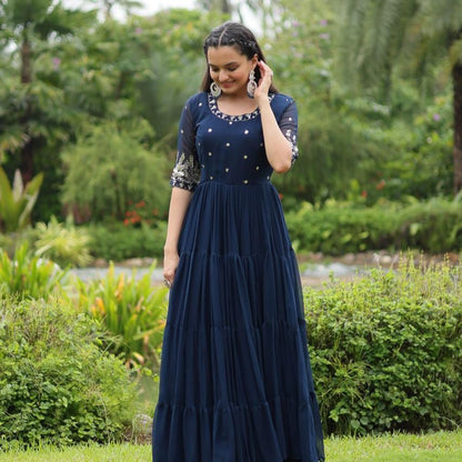 Trending 12 MTR Embroidery Zari Sequins-work Round Neck Gown