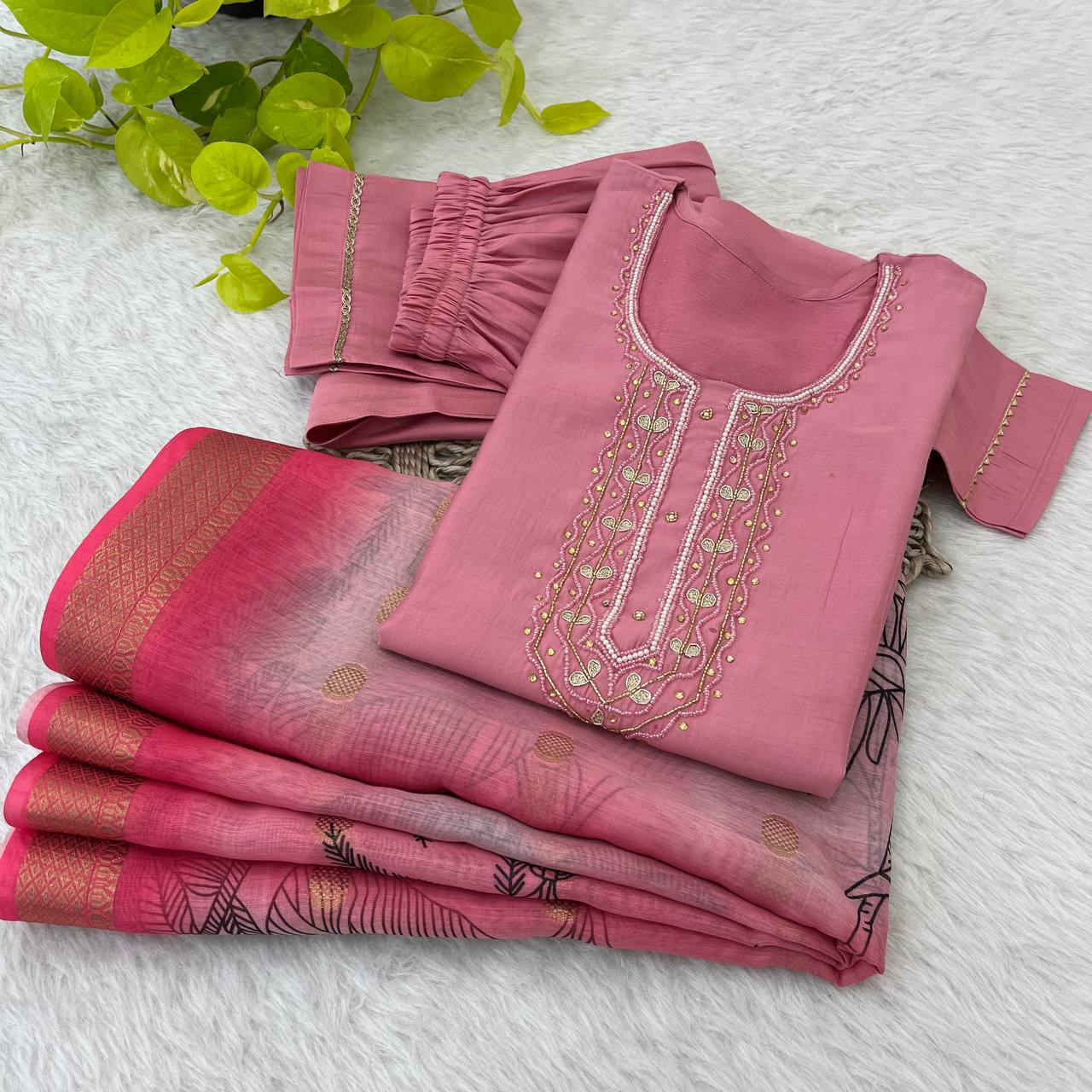 Premium Quality Roman Silk Handmade Work Kurti Set