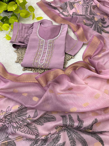 Premium Quality Roman Silk Handmade Work Kurti Set