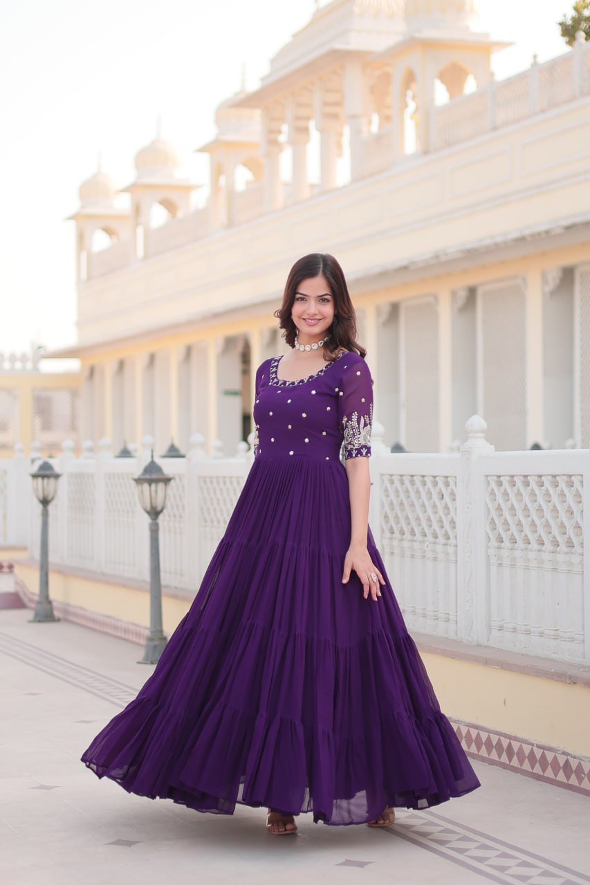 Trending 12 MTR Embroidery Zari Sequins-work Round Neck Gown