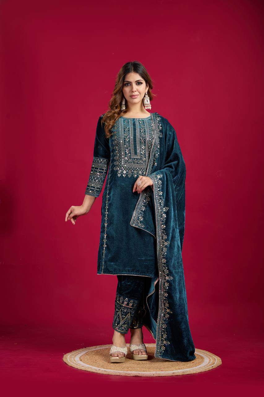 Heavy Viscose Velvet Embroidery Suit