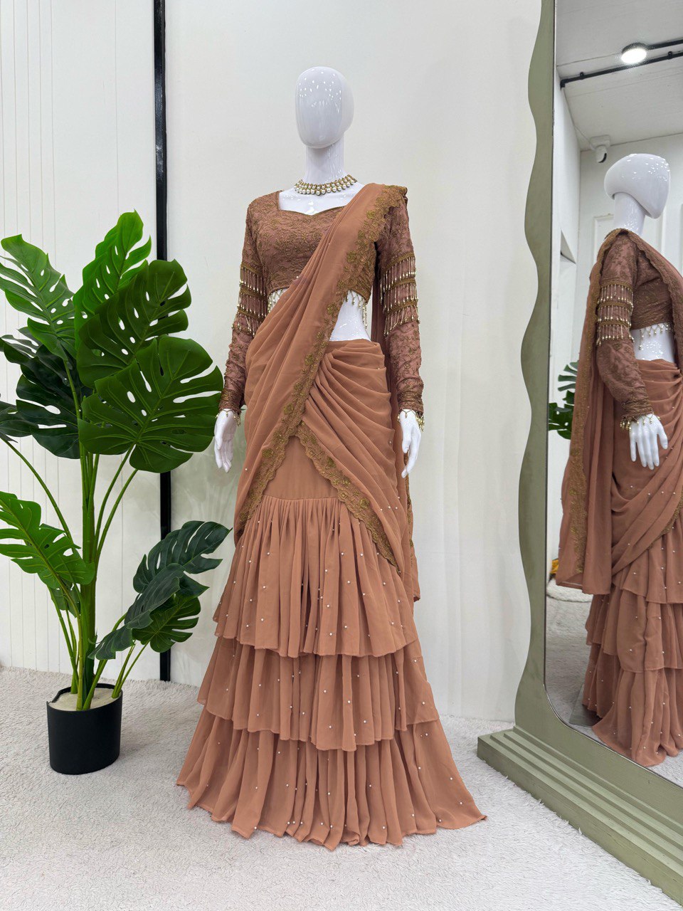 Ready To Wear Faux Georgette Thread With Sequence Work With Lehenga