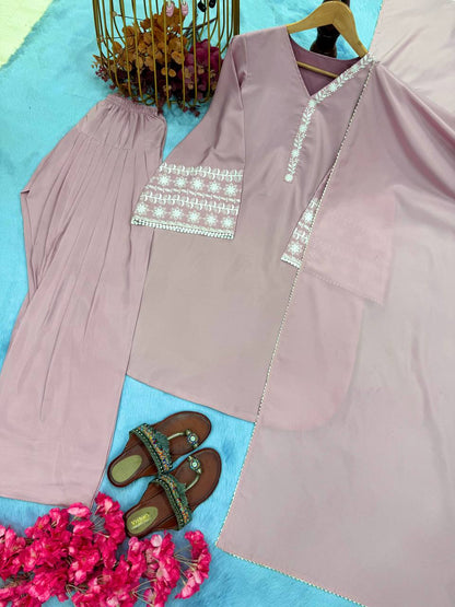 Natural Satin Embroidery WOrk Top Plazzo