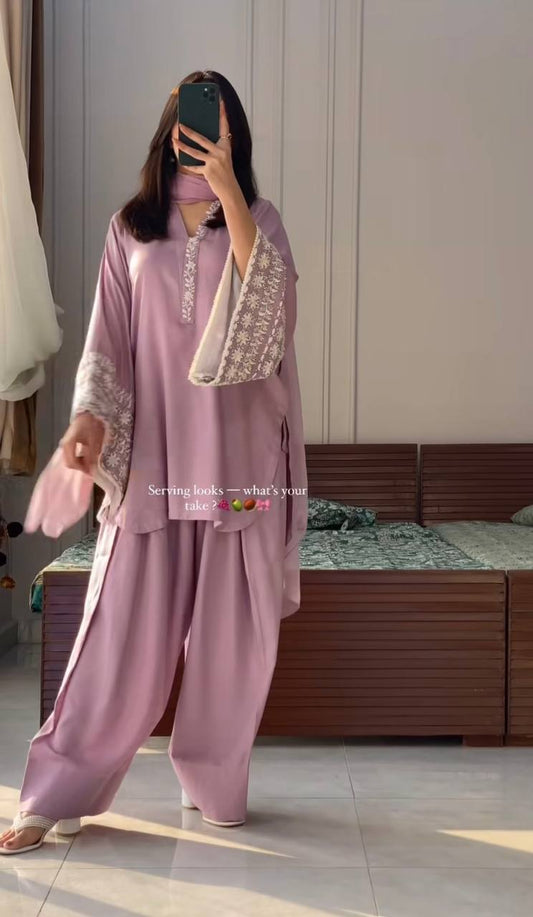 Natural Satin Embroidery WOrk Top Plazzo