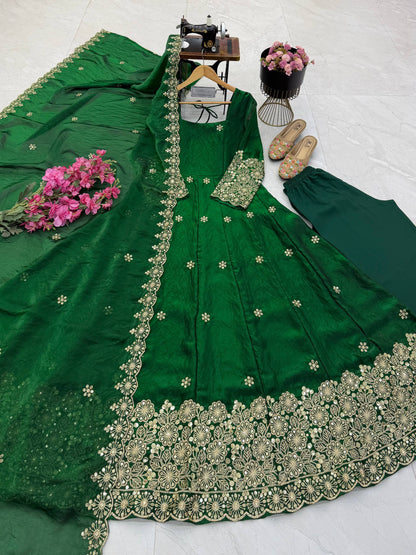 Fendy Silk Sequins Embroidery Work Gown