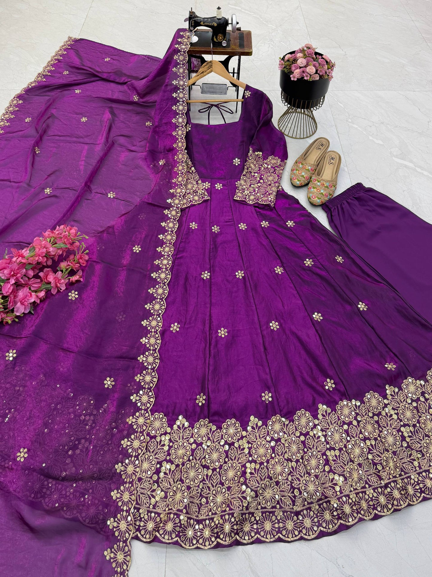 Fendy Silk Sequins Embroidery Work Gown