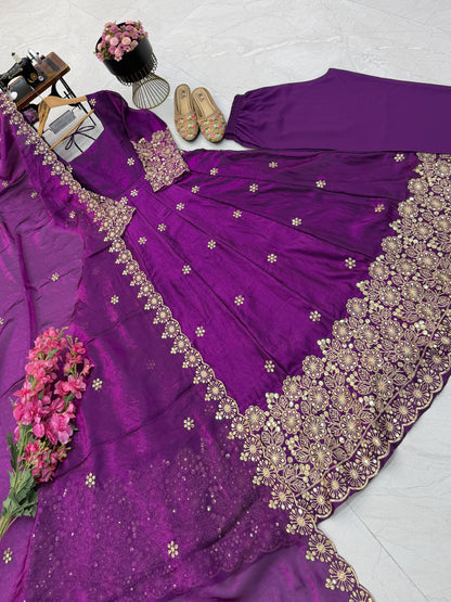 Fendy Silk Sequins Embroidery Work Gown