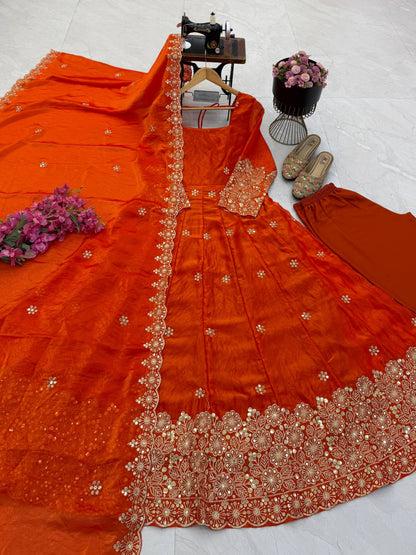 Fendy Silk Sequins Embroidery Work Gown