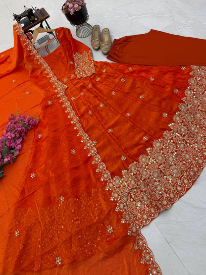Fendy Silk Sequins Embroidery Work Gown