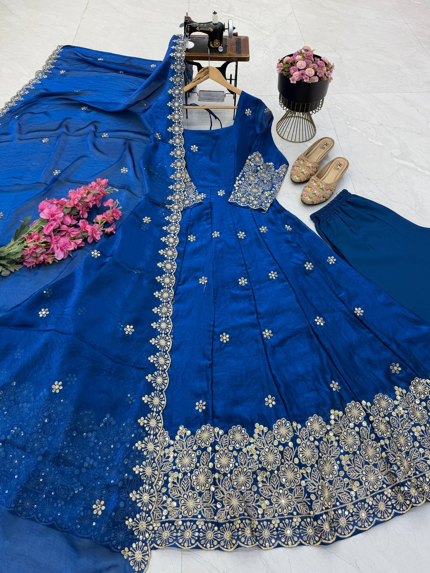 Fendy Silk Sequins Embroidery Work Gown