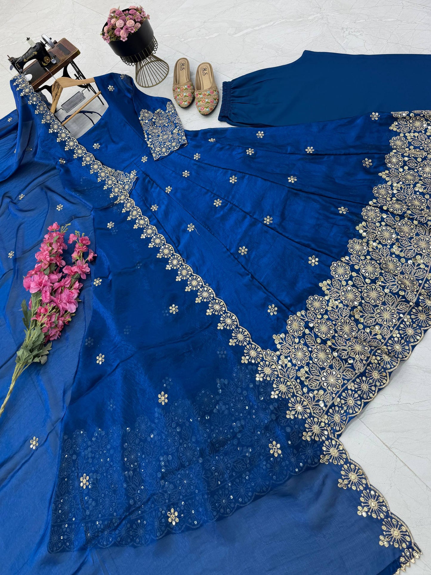 Fendy Silk Sequins Embroidery Work Gown