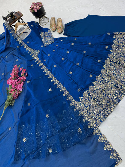Fendy Silk Sequins Embroidery Work Gown