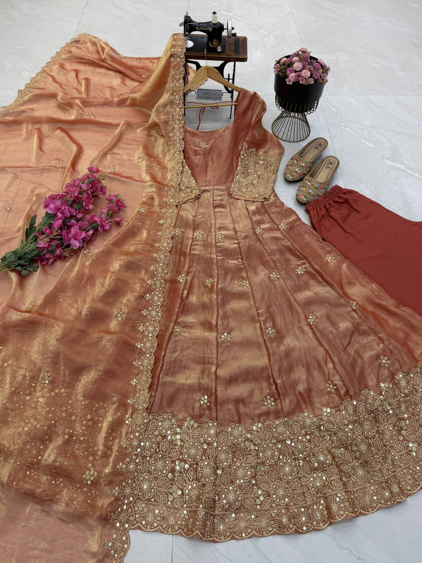 Fendy Silk Sequins Embroidery Work Gown