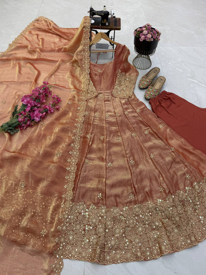 Fendy Silk Sequins Embroidery Work Gown