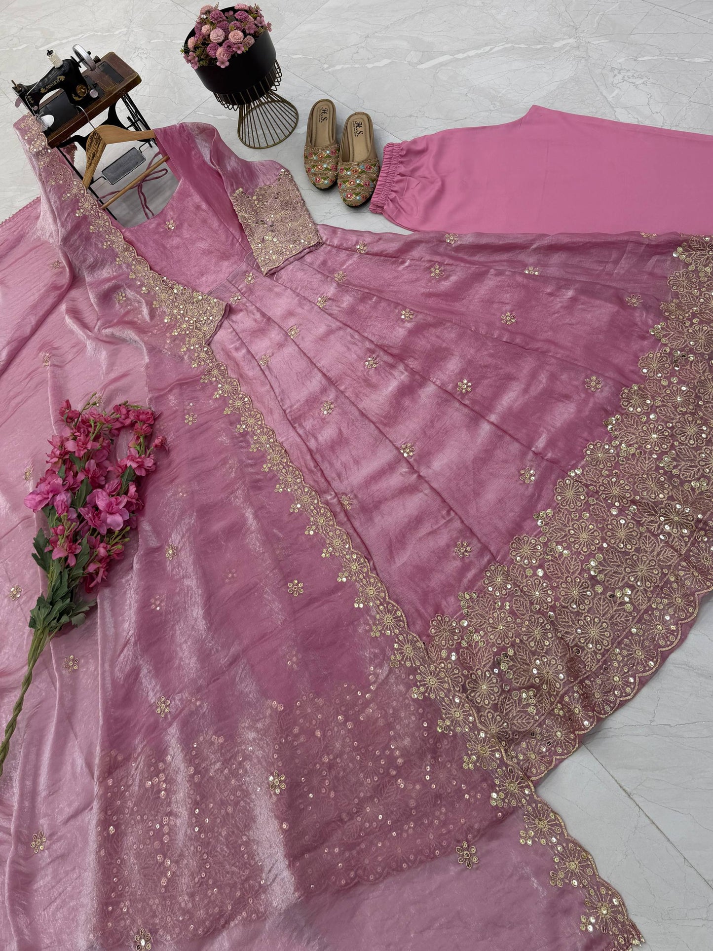 Fendy Silk Sequins Embroidery Work Gown