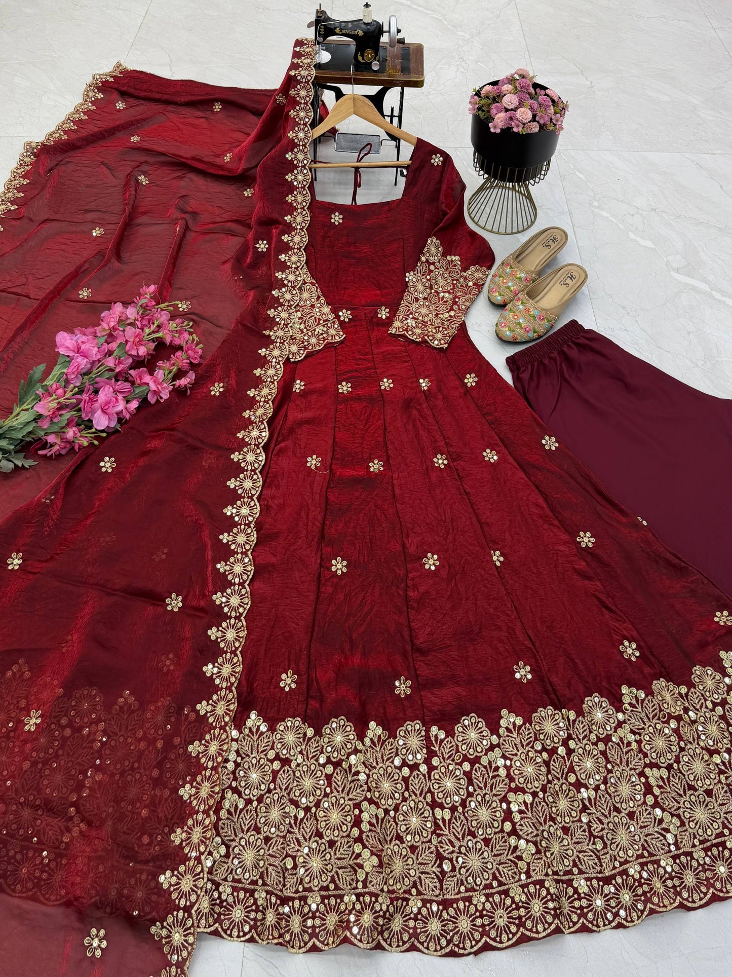 Fendy Silk Sequins Embroidery Work Gown