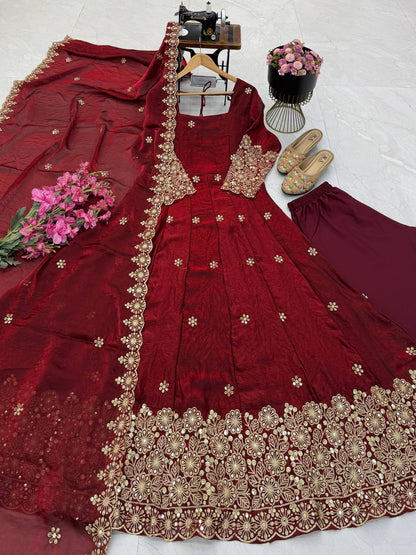 Fendy Silk Sequins Embroidery Work Gown