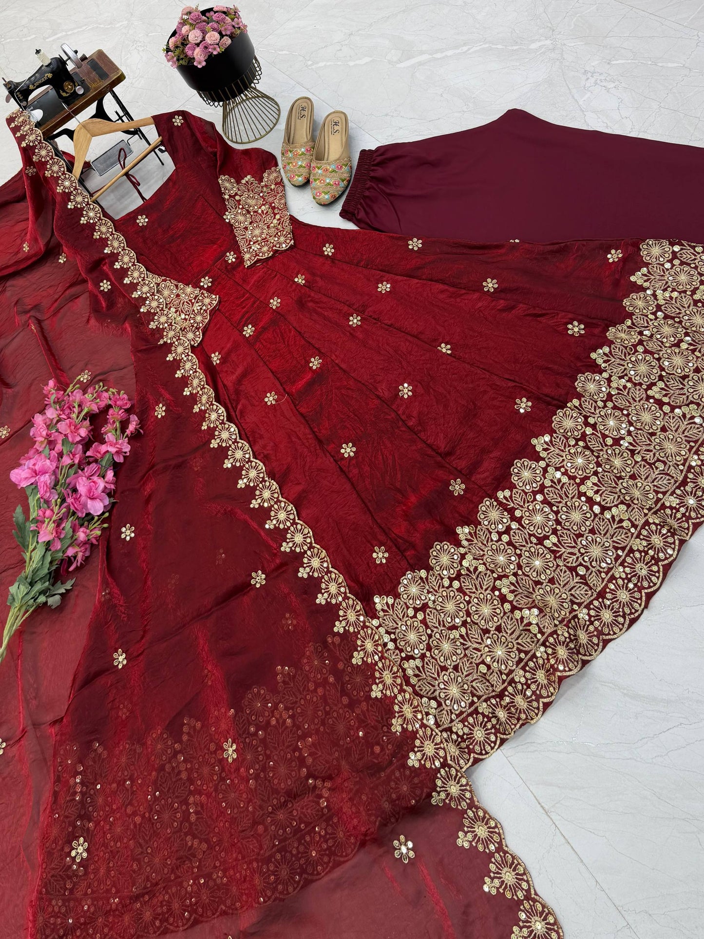 Fendy Silk Sequins Embroidery Work Gown