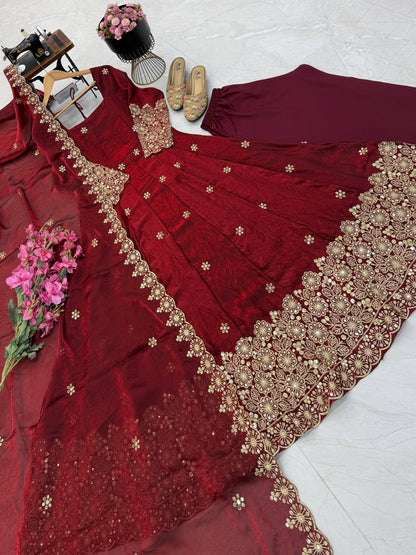 Fendy Silk Sequins Embroidery Work Gown