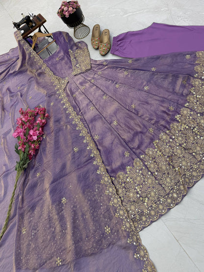 Fendy Silk Sequins Embroidery Work Gown