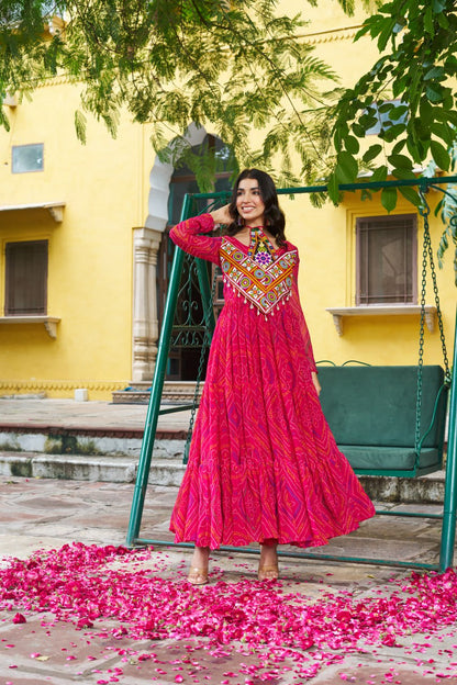 Navratri Festive Bandhani Kutchi Work Georgette Gown