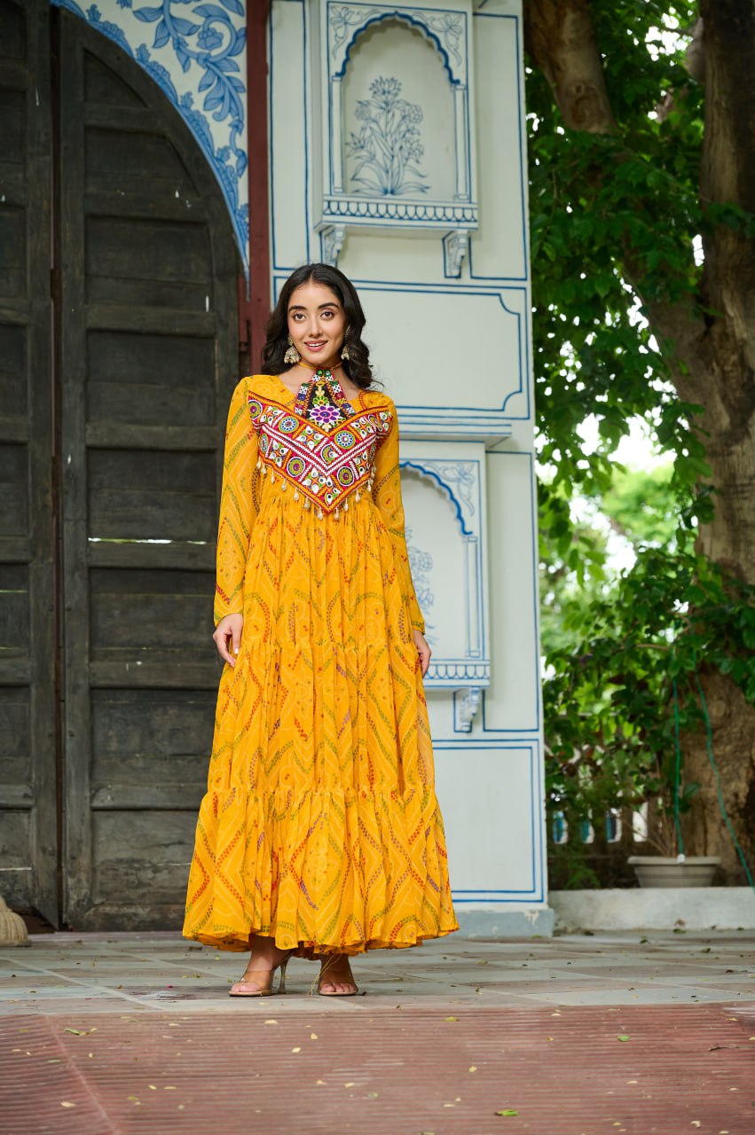 Navratri Festive Bandhani Kutchi Work Georgette Gown