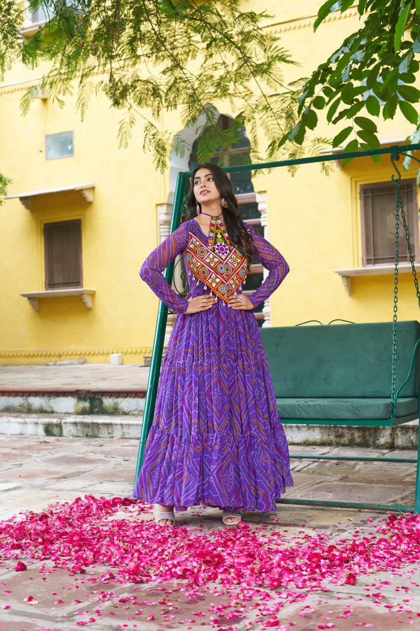 Navratri Festive Bandhani Kutchi Work Georgette Gown