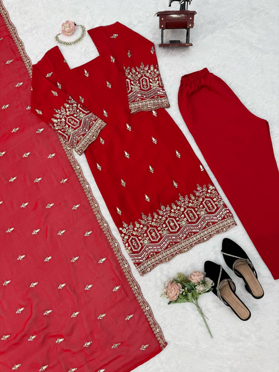 Heavy Faux Georgette Beads Sequins Thread Work Top Pant