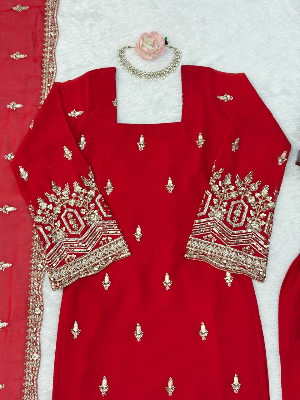 Heavy Faux Georgette Beads Sequins Thread Work Top Pant
