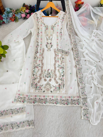 Premium Fox Georgette Multi Thread Zari Embroidery Work Top Bottom Dupatta