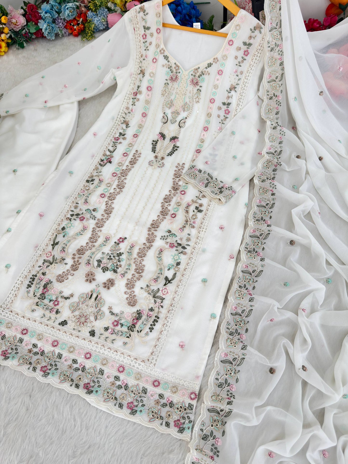 Premium Fox Georgette Multi Thread Zari Embroidery Work Top Bottom Dupatta
