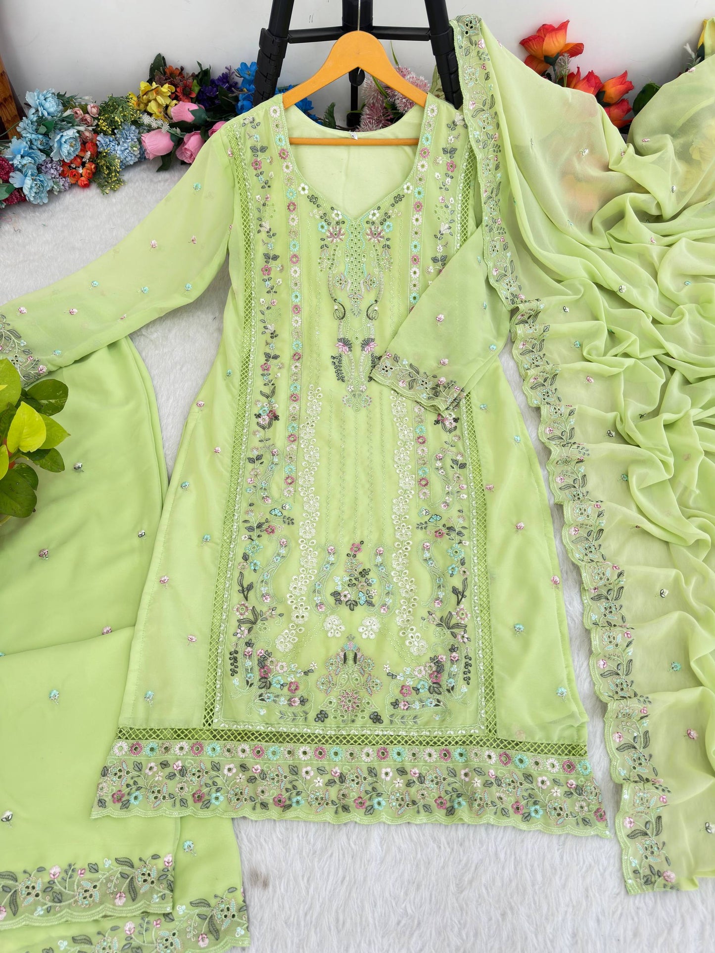 Premium Fox Georgette Multi Thread Zari Embroidery Work Top Bottom Dupatta