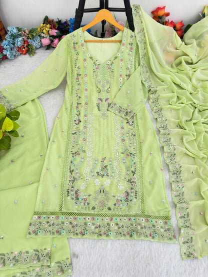 Premium Fox Georgette Multi Thread Zari Embroidery Work Top Bottom Dupatta