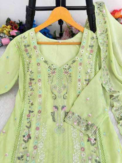 Premium Fox Georgette Multi Thread Zari Embroidery Work Top Bottom Dupatta