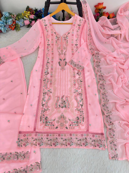 Premium Fox Georgette Multi Thread Zari Embroidery Work Top Bottom Dupatta