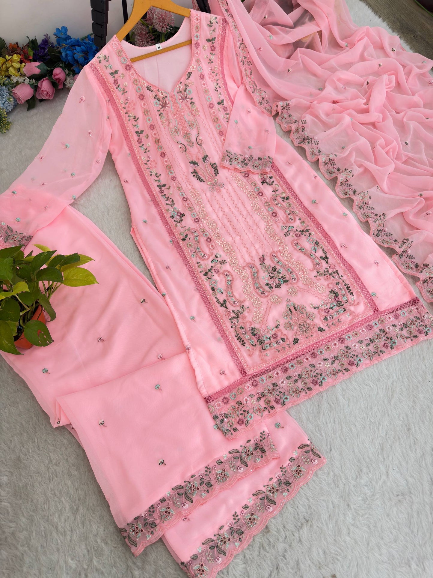 Premium Fox Georgette Multi Thread Zari Embroidery Work Top Bottom Dupatta