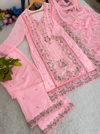 Premium Fox Georgette Multi Thread Zari Embroidery Work Top Bottom Dupatta