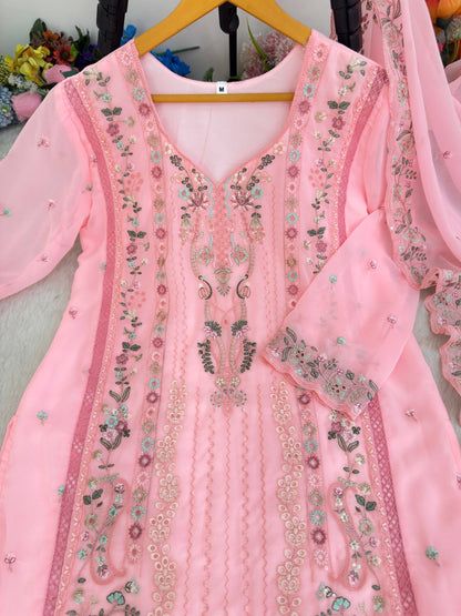 Premium Fox Georgette Multi Thread Zari Embroidery Work Top Bottom Dupatta