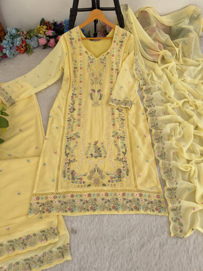 Premium Fox Georgette Multi Thread Zari Embroidery Work Top Bottom Dupatta