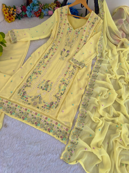 Premium Fox Georgette Multi Thread Zari Embroidery Work Top Bottom Dupatta