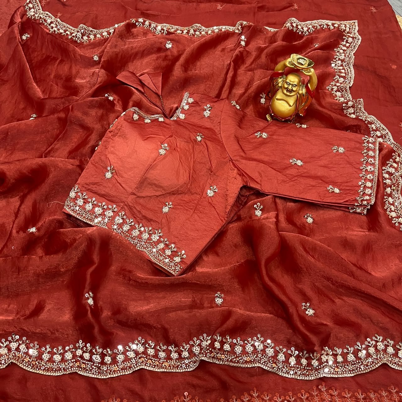 Pure Space Silk Velvet Shine Sequins Cutdana Handwork Saree