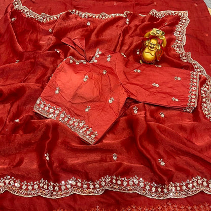 Pure Space Silk Velvet Shine Sequins Cutdana Handwork Saree