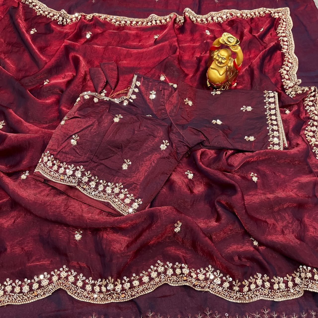 Pure Space Silk Velvet Shine Sequins Cutdana Handwork Saree