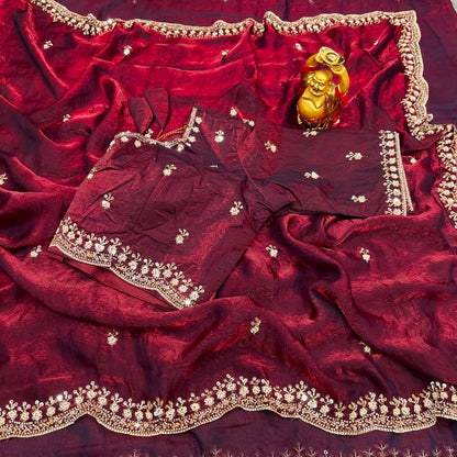 Pure Space Silk Velvet Shine Sequins Cutdana Handwork Saree