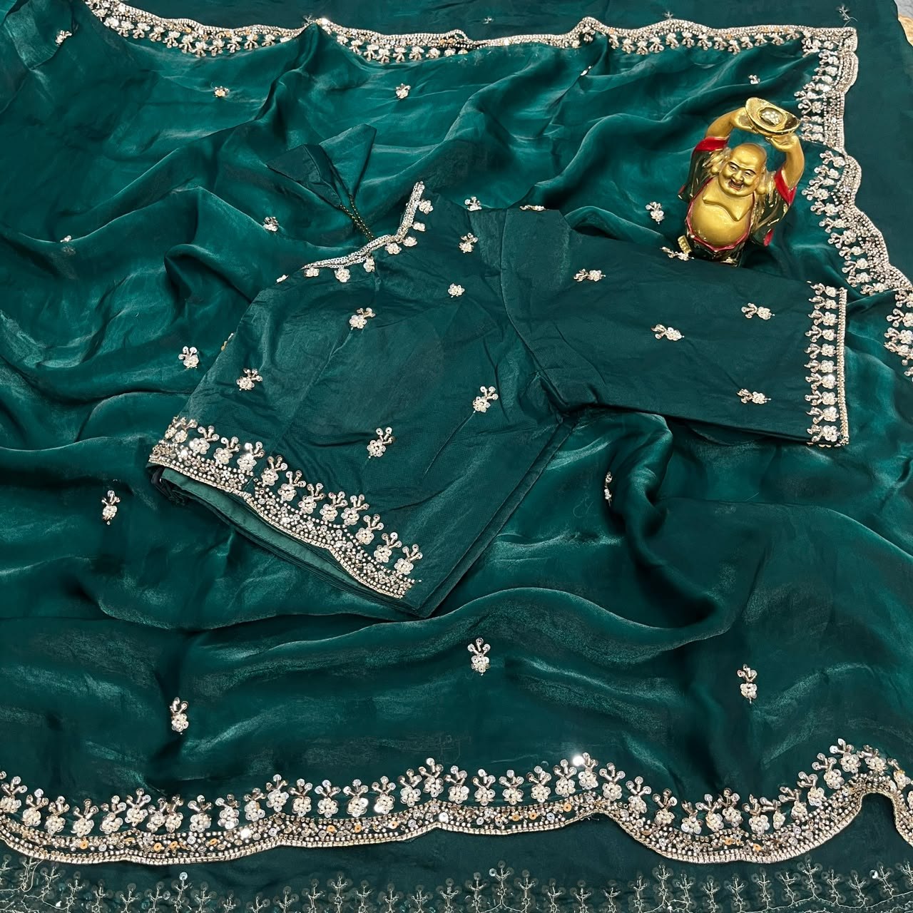 Pure Space Silk Velvet Shine Sequins Cutdana Handwork Saree