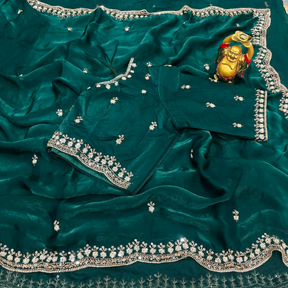 Pure Space Silk Velvet Shine Sequins Cutdana Handwork Saree