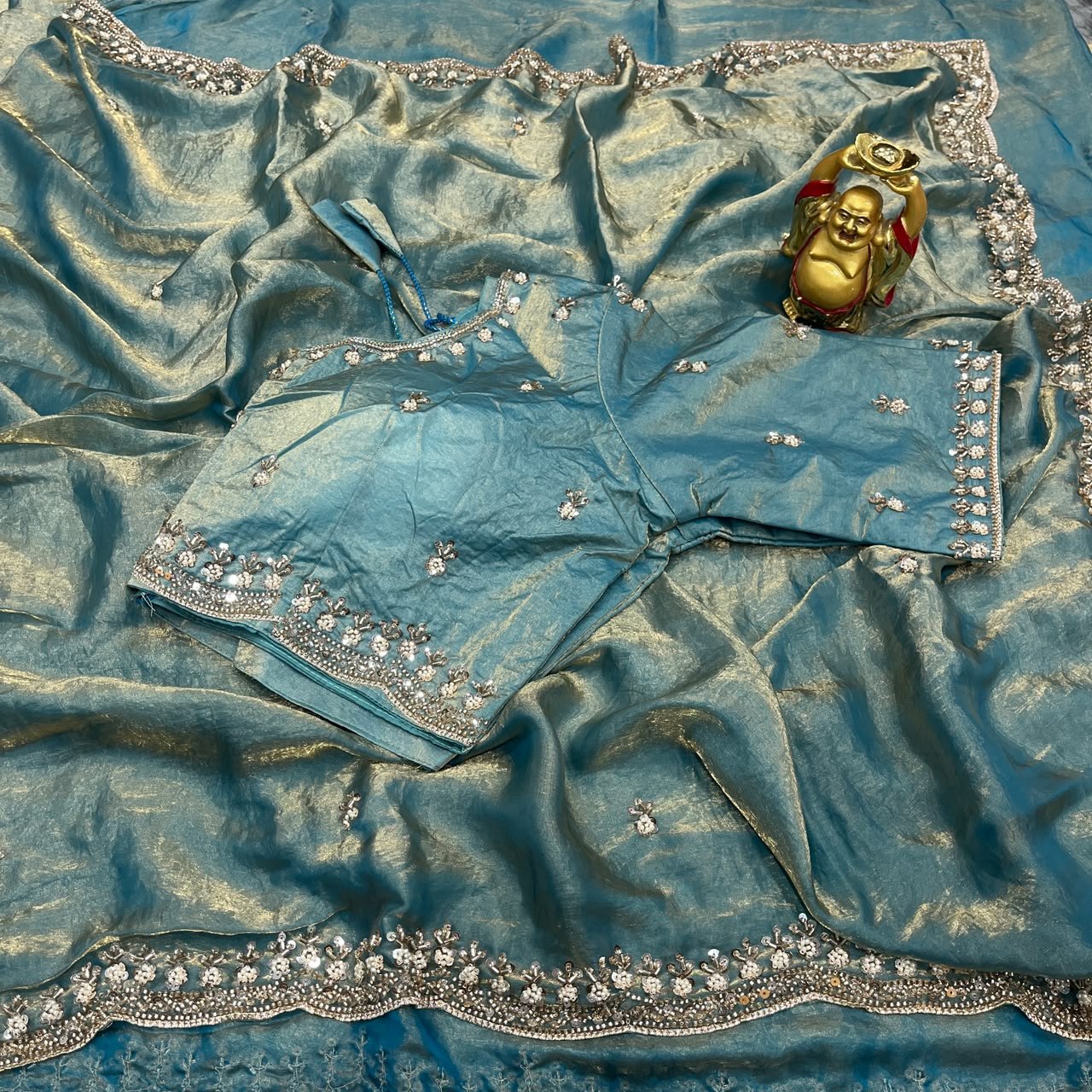 Pure Space Silk Velvet Shine Sequins Cutdana Handwork Saree